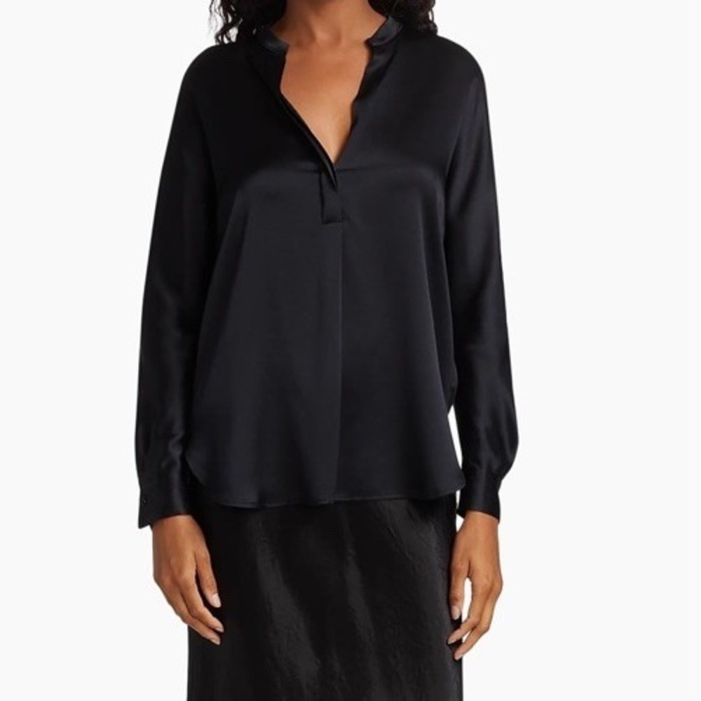 Vince Blouse Womens Small Black 100% Silk V-Neck Long Sleeve Tunic Pullover Top